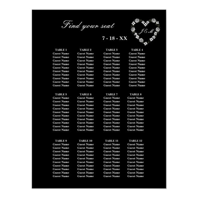 Póster Plan de table mariage noir et blanc  12 tables (Frente)