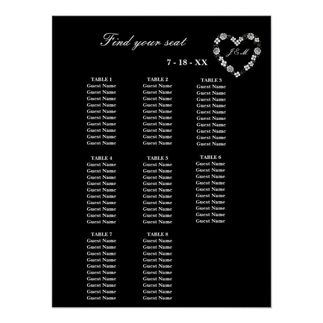 Póster Plan de table mariage noir et blanc 8 tables  (Frente)