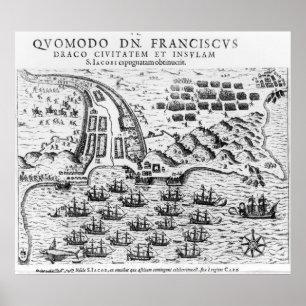 Póster Plan Showing how Francis Drake  Stormed