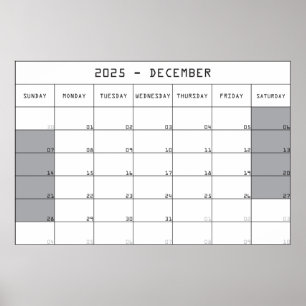 Poster planejador calendário dezembro 2025 grande espaço 