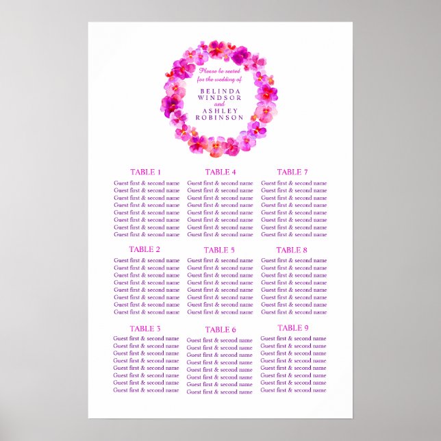 Poster Planejador de Assentos de Casamento Rosa 1-9 mesas (Frente)