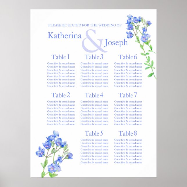 Póster Planejador de Assentos de Casamento Speedwell azul (Frente)