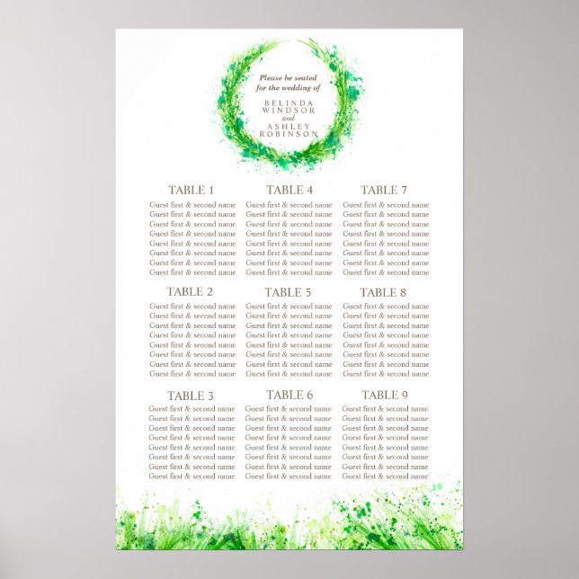 Póster Planejador de Assentos de Mesa de Casamento Greene (Frente)