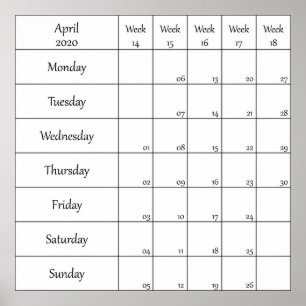 Poster planejador de calendário de abril de 2020 com núme