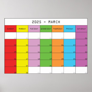 Poster planejador de calendário de dias coloridos de març
