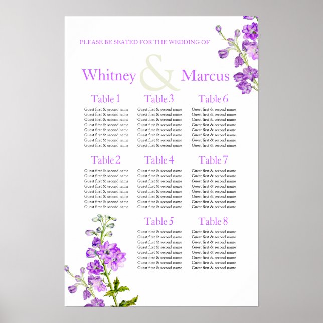Póster Planejador de Mesa de Assentos de Casamento roxo D (Frente)