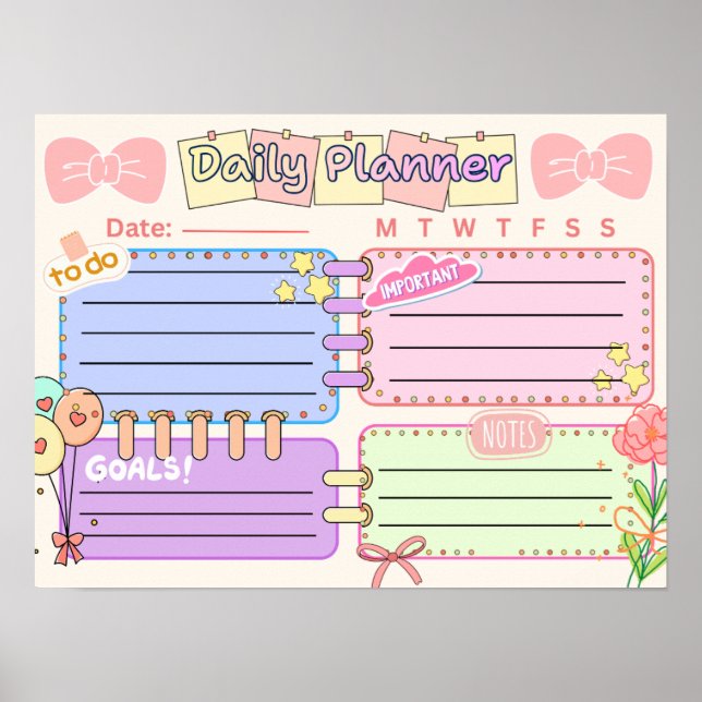 Poster planejador diário kawaii colorido (Frente)