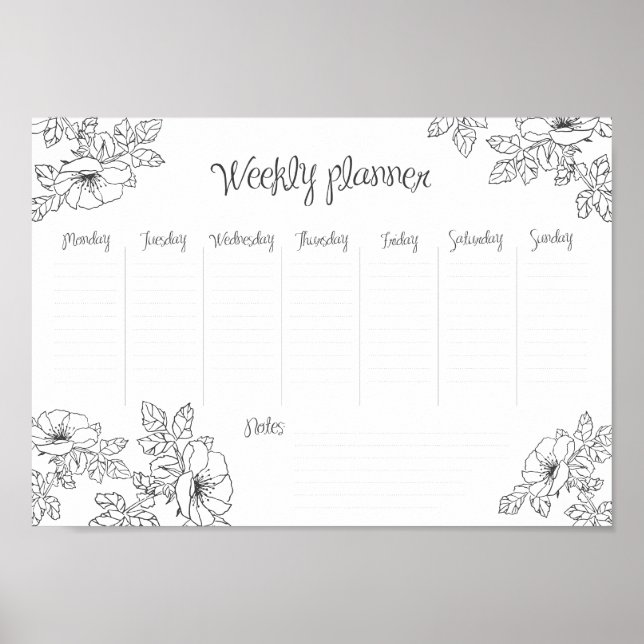 Poster Planejador semanal esboço à mão flores e folhas (Frente)