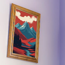 Poster Planície Montanha Vermelha Azul Ilustração Retroat
