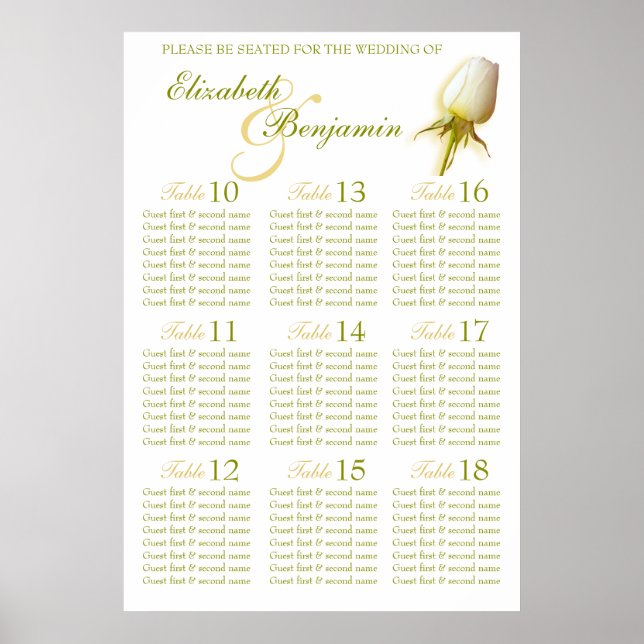 Póster Planner de Mesa de Casamento de Rosa Branca 10-18 (Frente)