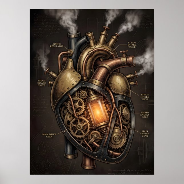 Poster Plano Anatômico do Coração Mecânico Steampunk (Frente)