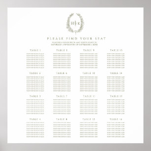 Poster Plano de 16 mesas de casamento oval elegante em ve