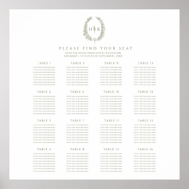 Poster Plano de 16 mesas de casamento oval elegante em ve (Frente)