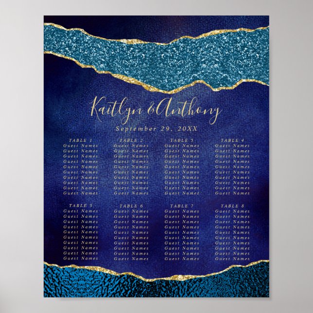 Poster Plano de Assento de Casamento Azul Marinho e Ágata (Frente)