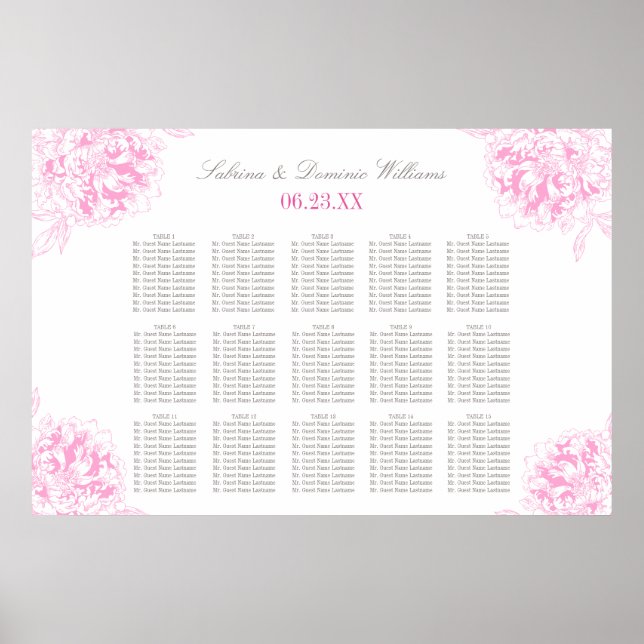 Póster Plano de Assento de Casamento Elegante Rosa Fúcsia (Frente)