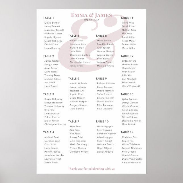 Poster Plano de Assento Mauve Ampersand Casamento | 14 (Frente)