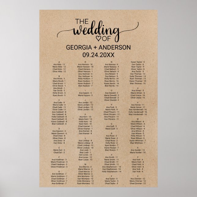 Poster Plano De Assentos Alfabéticos Simples Faux Kraft (Frente)