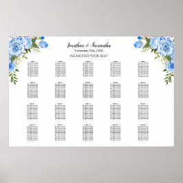 Poster Plano de Assentos Blue Flowers 20 mesas Casamento