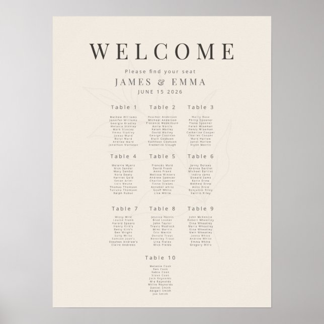 Poster Plano de Assentos Botânico Minimalista10 Bege Maci (Frente)