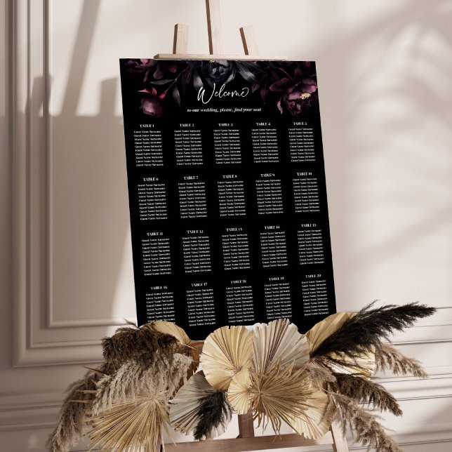 Poster Plano de assentos das flores de lama escura (Dark moody burgundy flowers wedding seating plan editable template poster digital download)