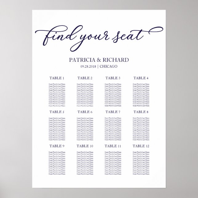 Poster Plano de Assentos de Casamento com 12 Mesas Sinal  (Frente)
