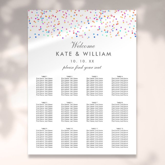 Poster Plano de Assentos de Casamento com Confetes Arco-Í (Rainbow Confetti Wedding Seating Plan Chart)