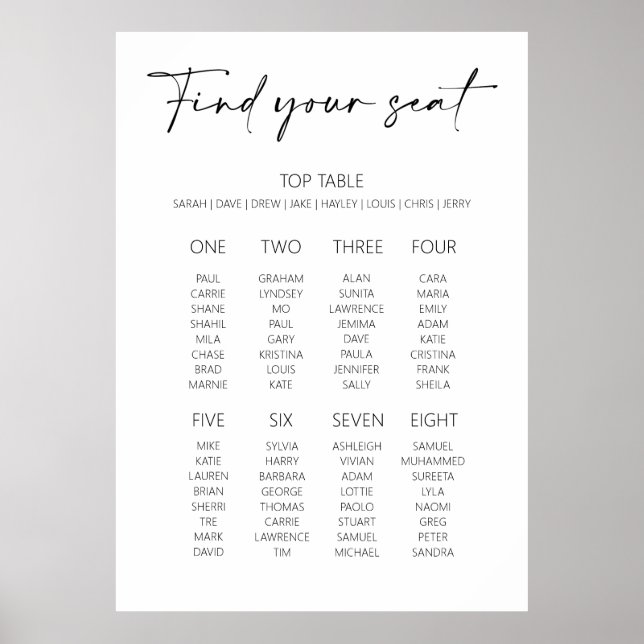 Poster Plano de Assentos de Casamento com Estilo Mínimo E (Frente)
