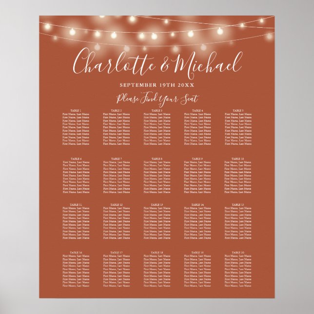 Poster Plano de Assentos de Casamento com Luzes de Corda  (Frente)