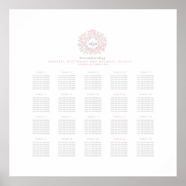 Poster Plano de assentos de casamento com monograma rosa  (Frente)