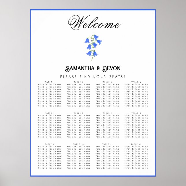 Poster Plano de Assentos de Casamento com Sininhos Azuis (Frente)