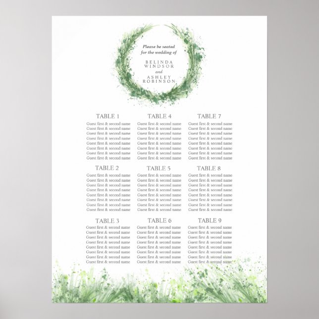 Poster Plano de Assentos de Casamento com Verde sage (Frente)