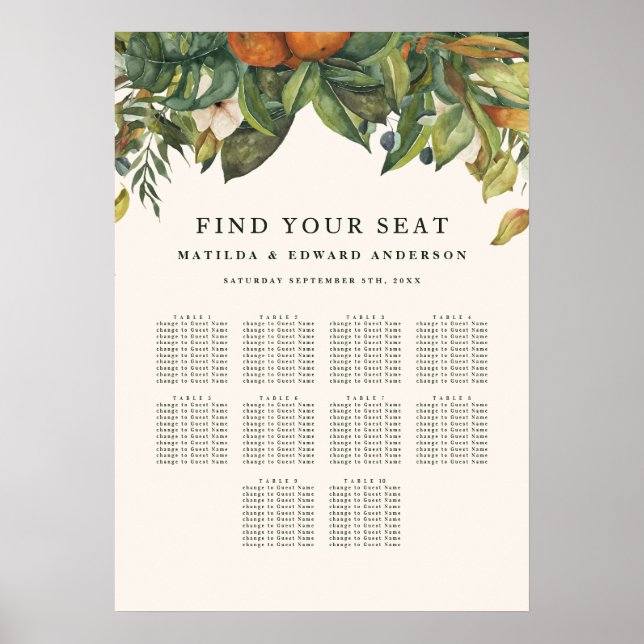 Poster Plano de assentos de casamento floral botânico cít (Frente)