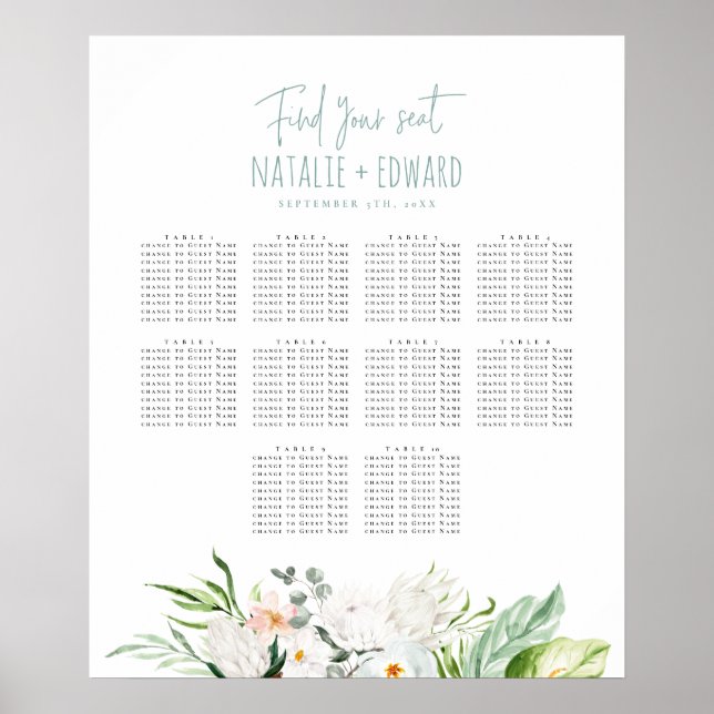 Poster Plano de assentos de casamento floral em aquarela  (Frente)