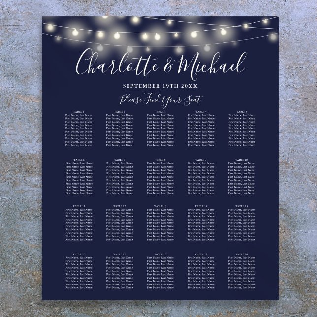 Poster Plano de Assentos de Casamento Luzes de Corda Azul (String Lights Navy Blue Wedding Seating Chart)
