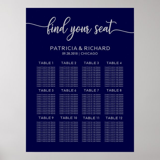 Poster Plano de Assentos de Casamento Quadro Chic Azul Ma (Frente)