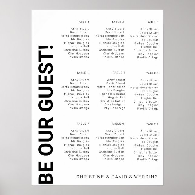 Poster Plano de assentos de casamento Simples Branco para (Frente)