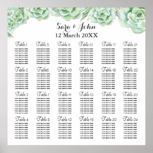 Póster plano de assentos de casamento suculentos a aquare