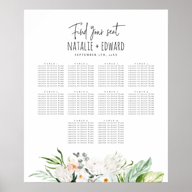 Poster Plano de assentos florais de aquarela tropical (Frente)