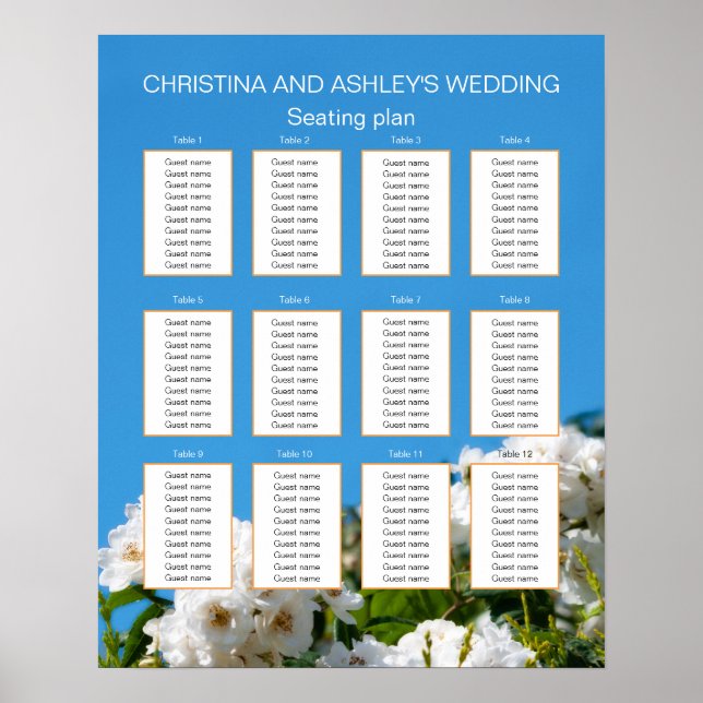 Poster Plano de assentos florais de rosa branca (Frente)