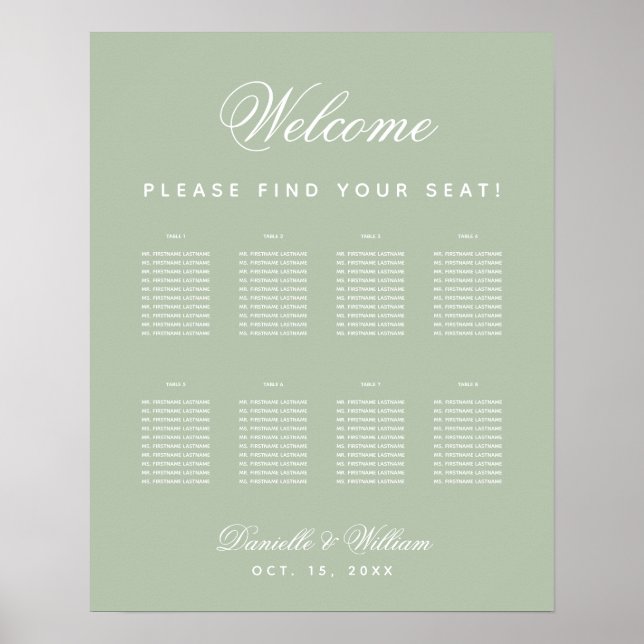 Poster Plano de Assentos Simples Sage Casamento 8 Mesas (Frente)