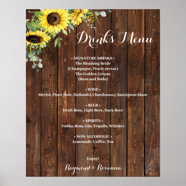 Poster Plano de Bebidas Verdejante Girassóis Casamento (Frente)
