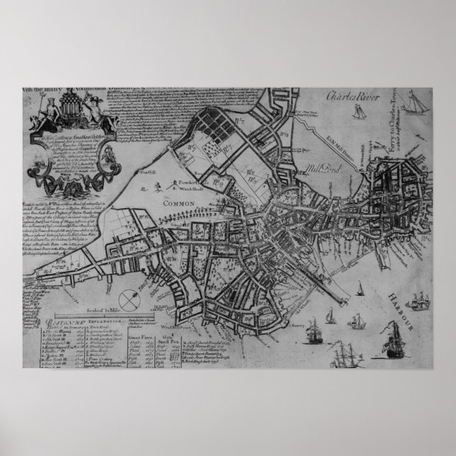 Póster Plano de Boston, Nova Inglaterra, 1739 (Frente)
