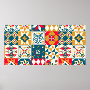 Poster Plano de fundo com deco de azulejo azul tradiciona