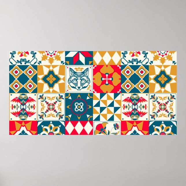 Poster Plano de fundo com deco de azulejo azul tradiciona (Frente)