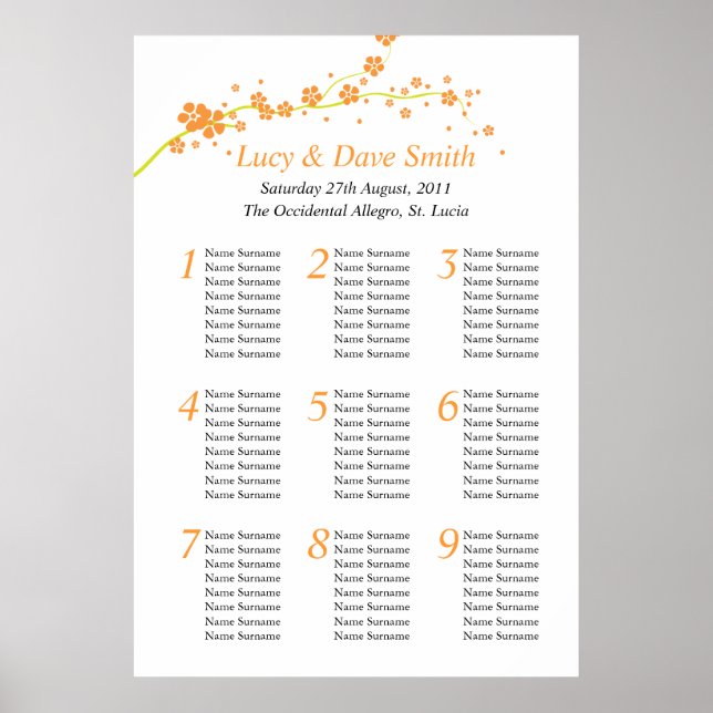 Poster Plano de Mesa de Casamento de Flores Verde e Laran (Frente)