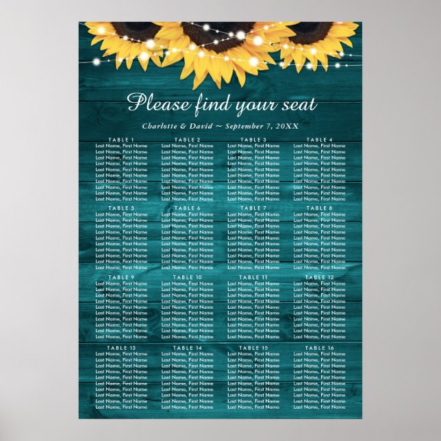 Poster Plano de Mesa de Casamento de Teal Sunflower 16 (Frente)