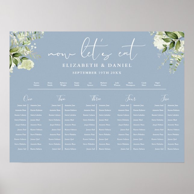 Poster Plano de Mesa de Casamento Floral Azul Empoeirado  (Frente)