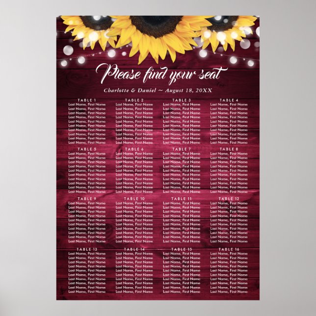 Poster Plano de Mesa de Casamento Girassol Borgonha 16 Po (Frente)