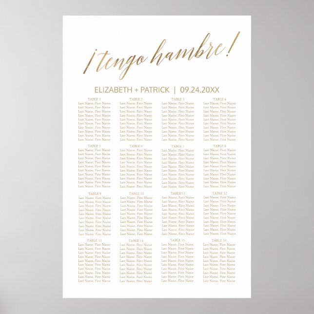 Poster Plano de Mesa de Tengo Hambre, Dourado Elegante (Frente)