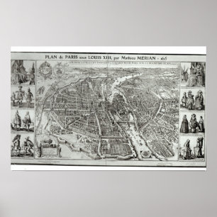 Póster Plano do olho do pássaro de Paris, 1615